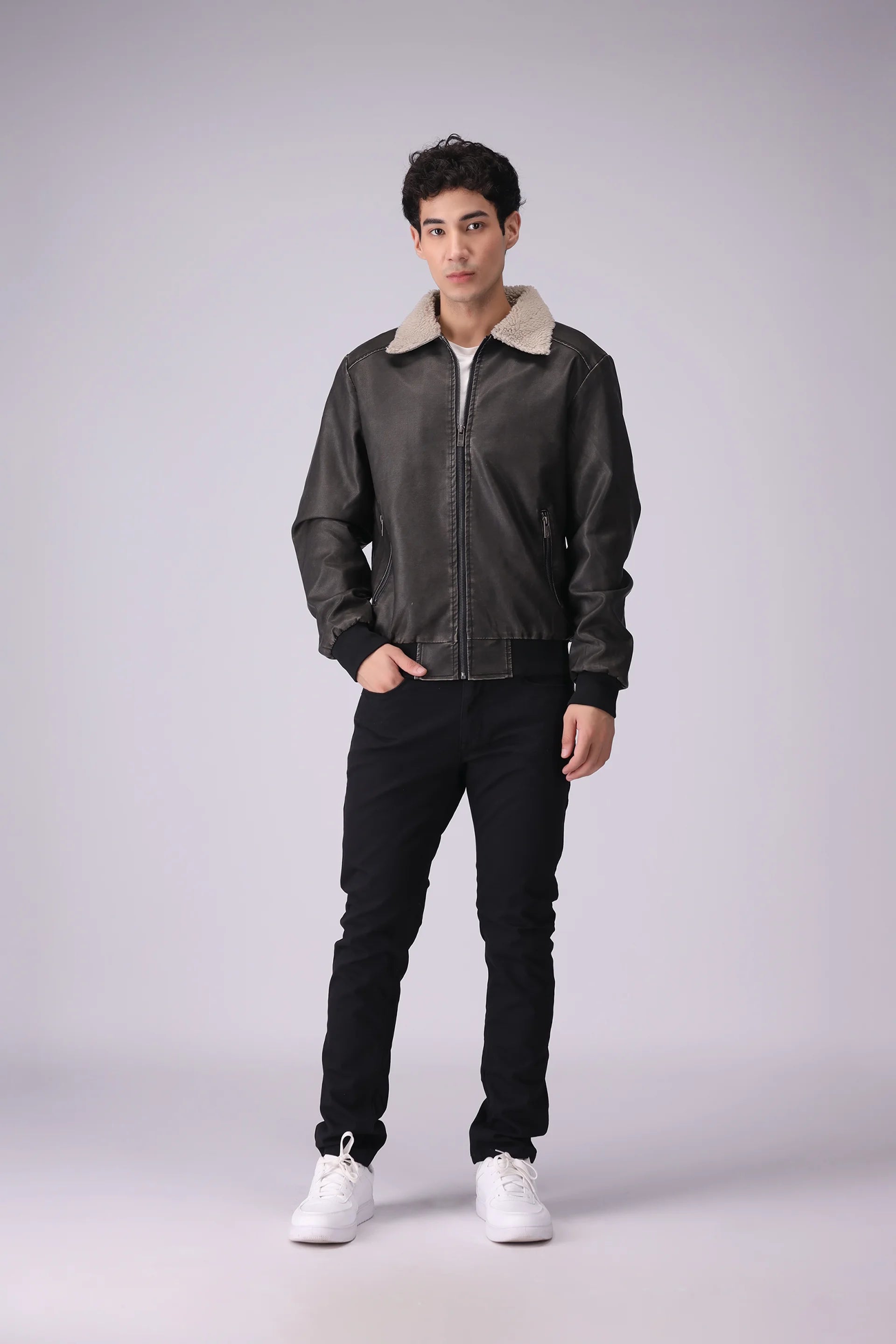 Sherpa Collar Faux Leather Jacket