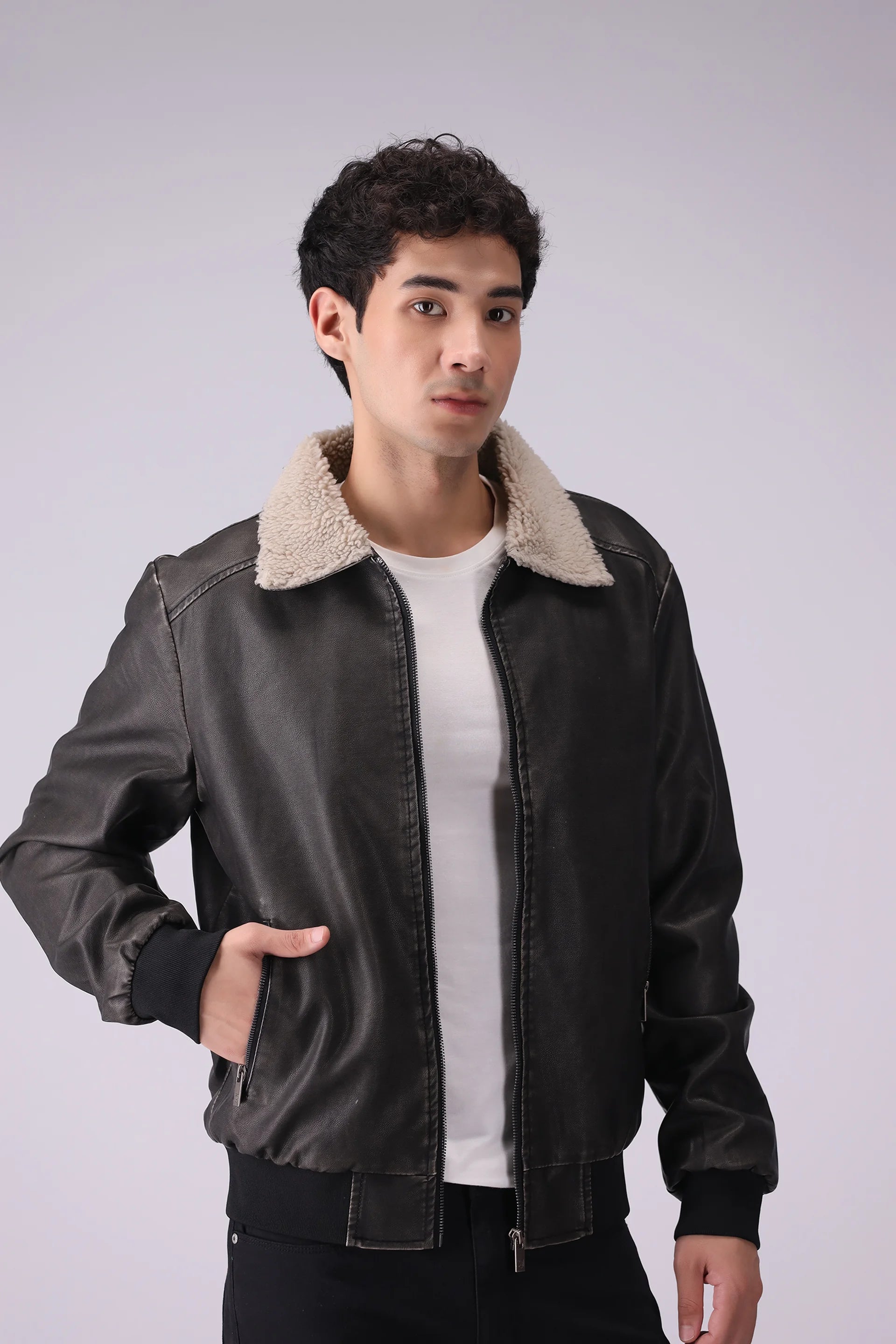 Sherpa Collar Faux Leather Jacket