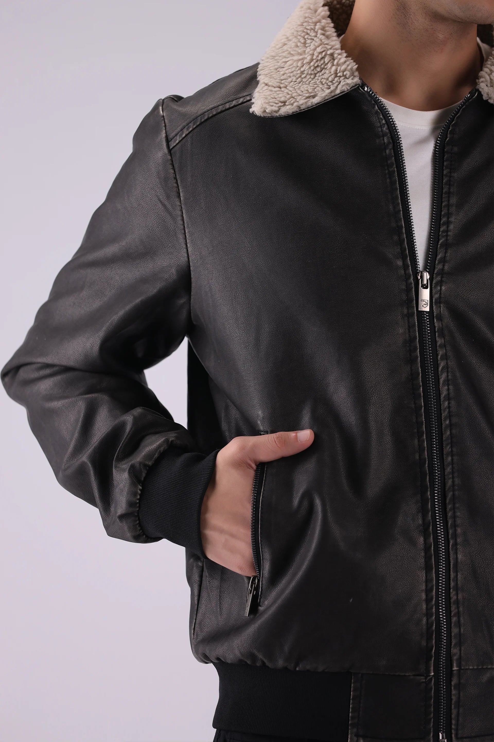 Sherpa Collar Faux Leather Jacket